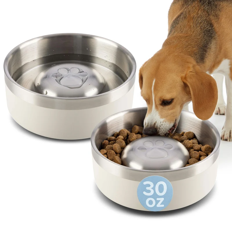 PETMAKER Set de 2 Gamelles Inox 30oz – Alimentation lente, Double Paroi, Anti-glisse (Crème)