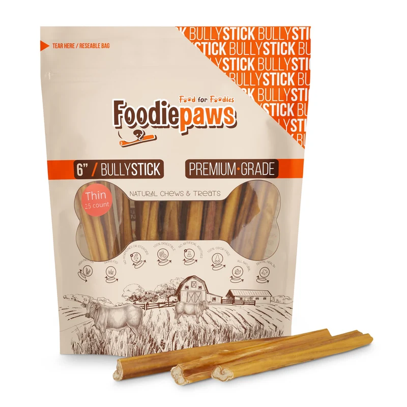 FOODIEPAWS Bâtonnets Bully 6 pouces – 25 pièces, Bœuf élevé à l’herbe, Sans cuir cru