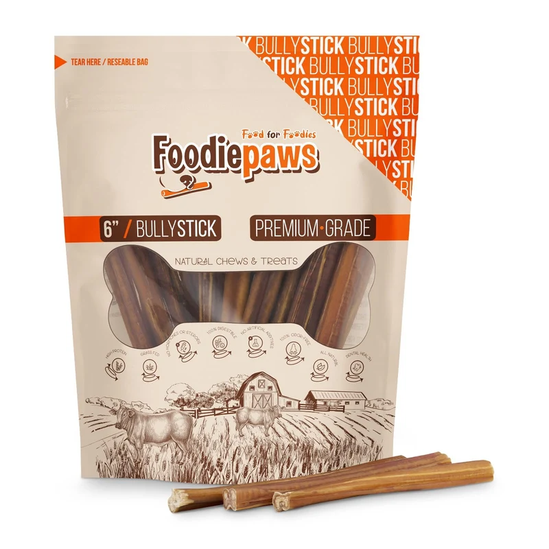 FOODIEPAWS Bâtons Bully Jumbo 15 cm – Lot de 15, Bœuf nourri à l’herbe, Sans Rawhide, Digestibles & Longue Durée | Pour Grands Chiens