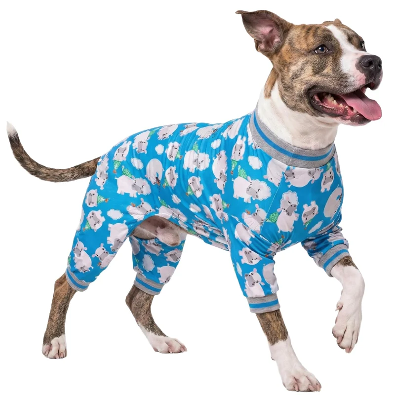 LovinPet Pyjamas pour Chien à Manches Longues – Grande Race (Pitbull) – Coupe Slim et Léger – Imprimé Hippo Bleu – Taille L