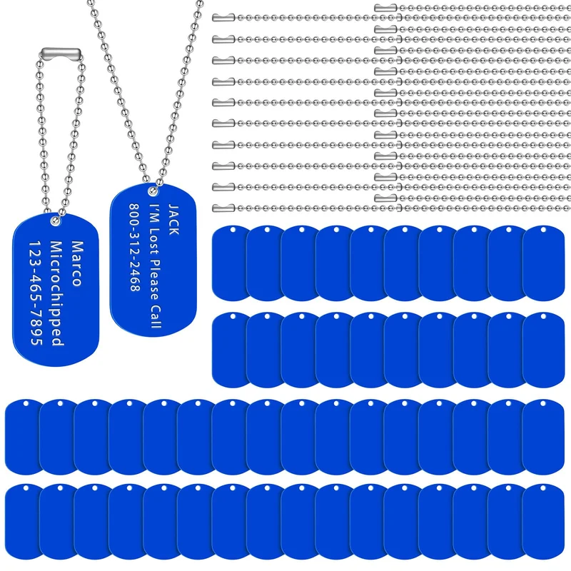 Yinkin – Lot de 200 Plaques d’identification pour Chien en Aluminium Bleu + Chaînes en Acier – Gravure DIY