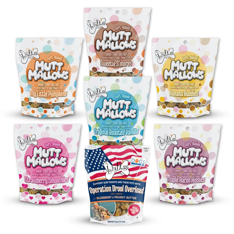 Friandises molles pour chiens The Lazy Dog Cookie Co. Mutt Mallows – Pack échantillon (7 sachets, 5 oz), sans blé, fabriqué aux États‑Unis