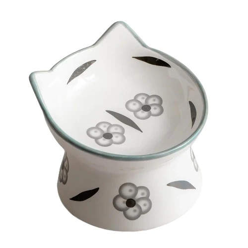 Dexypaws Bol surélevé en céramique pour chat 7 oz, Blanc avec imprimé de fleurs blanches et noires