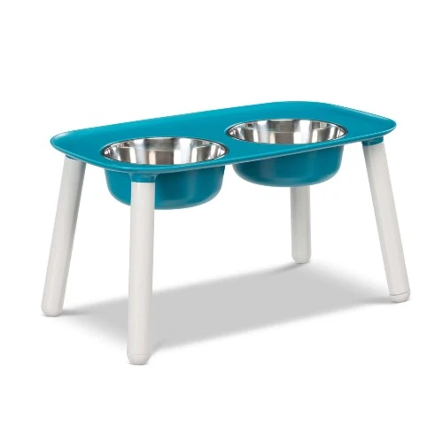Messy Mutts Bol double surélevé avec pattes ajustables - Bleu