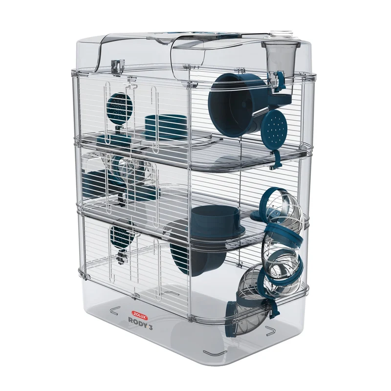 Cage Trio Rody 3 pour hamster, trois étages, bleue, 41 x 27 x 53 cm