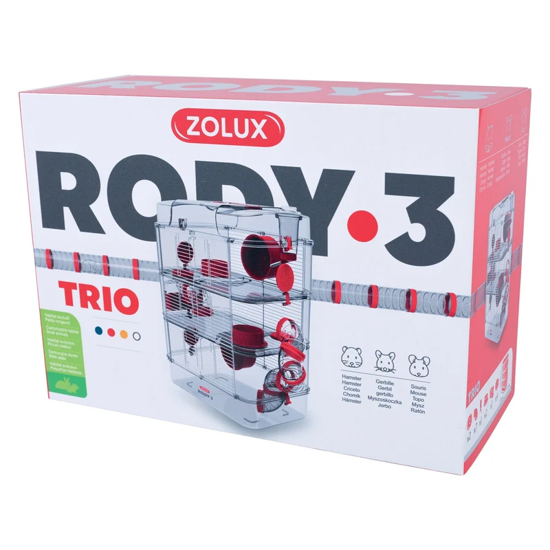 Cage Trio Rody 3 pour hamster, trois étages, rouge, 41 x 27 x 53 cm