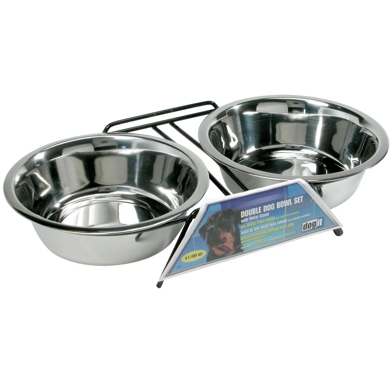 Ensemble de 2 bols Dogit en acier inoxydable, très grand, 2 bols de 2 L (67,6 oz liq.) avec support