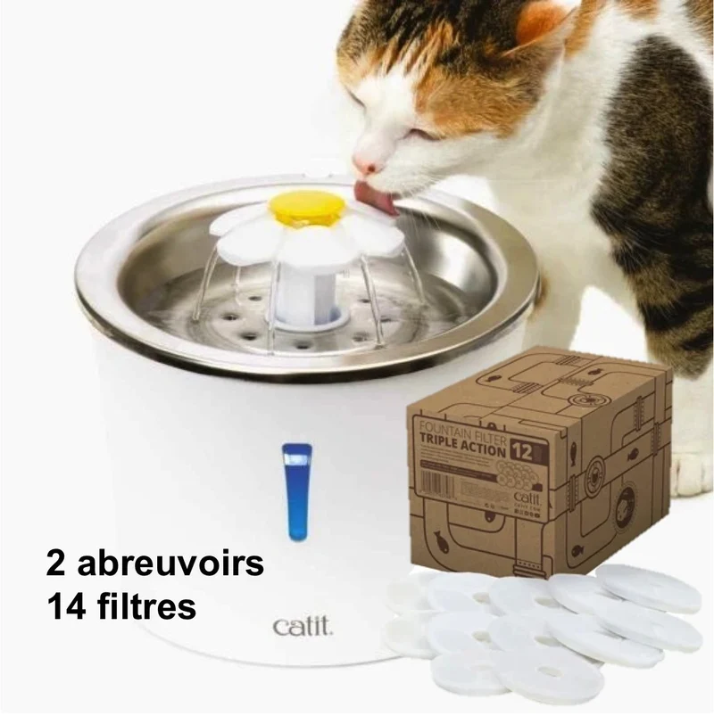 (KIT) 2 Abreuvoirs avec fleur et dessus en acier inoxydable Catit et filtre