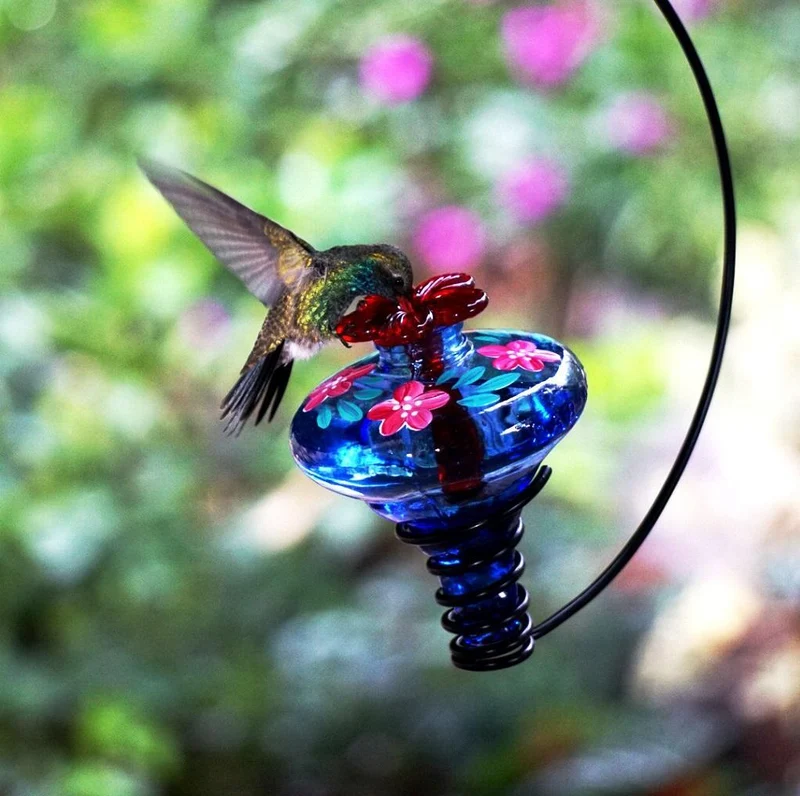 Handpainted Mini-Blossom Gloria Blue Glass Hummingbird Feeder