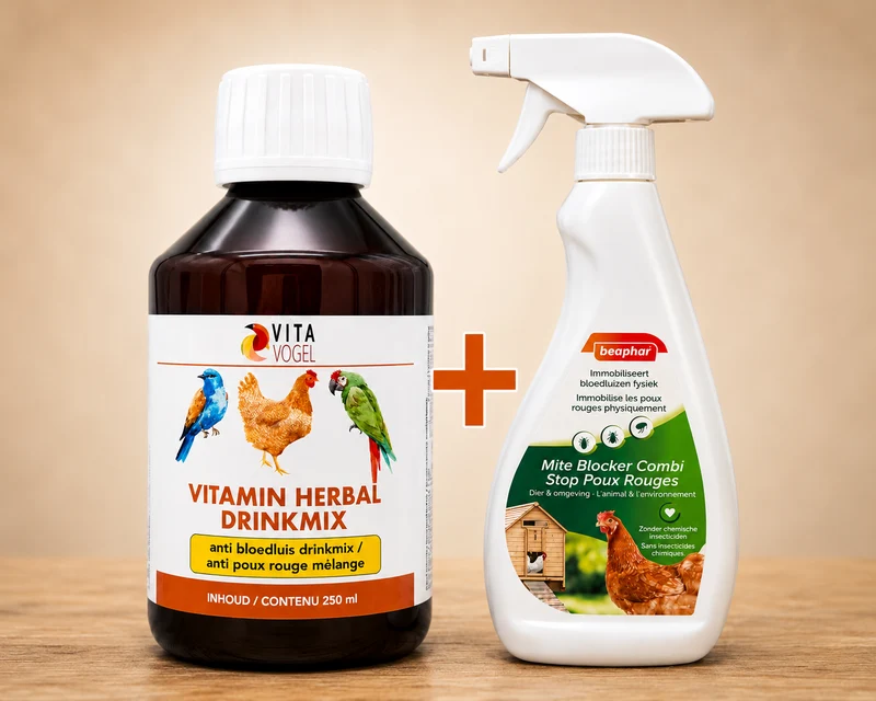 Préparation pour boisson vitaminée aux plantes 500 ml (préparation pour boisson anti-poux rouges) + Spray anti-acariens Beaphar 500 ml