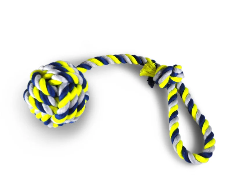 Cordon coton + anse + boule Ø 10,5cm bleu-jaune 54cm