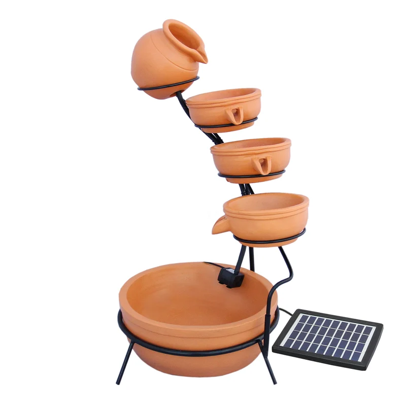 Fontaine de Jardin à 4 Niveaux avec Panneau Solaire - Terracotta