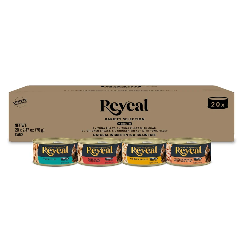 Reveal – Nourriture humide naturelle pour chat – Lot 4 saveurs, Protéines élevées, Sans additifs artificiels, Poisson et Poulet en bouillon – 20 x 2,47 oz