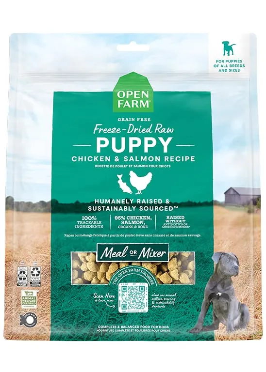 Open Farm – Nourriture crue lyophilisée pour chiots, Morceaux 95% Viande, Abats et Os, Poulet & Saumon, 384 g