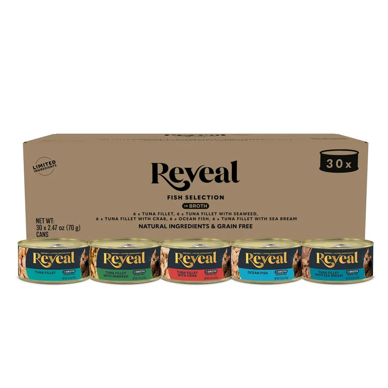 Reveal Nourriture humide pour chat — Lot variétés 5 saveurs, Ingrédients limités, Sans céréales, Haute protéine (30 boîtes de 70 g)