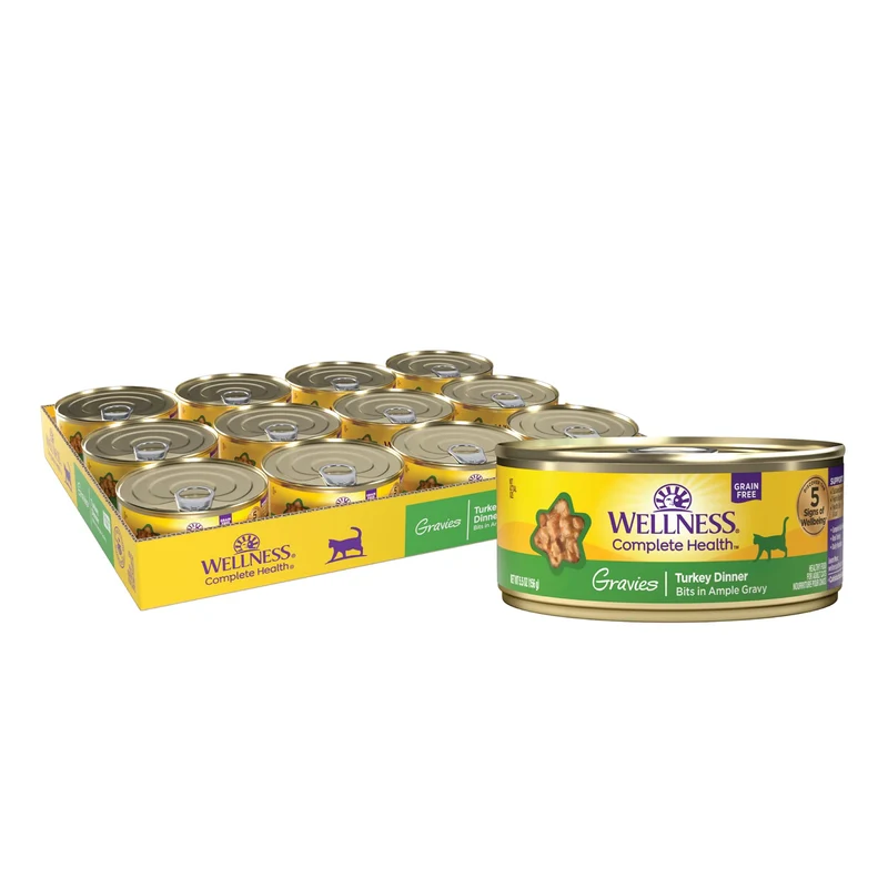 Wellness Complete Health Gravies — Alimentation humide complete pour chats adultes, Dinde, Sans cereales, 5,5 oz, Pack de 12 boites