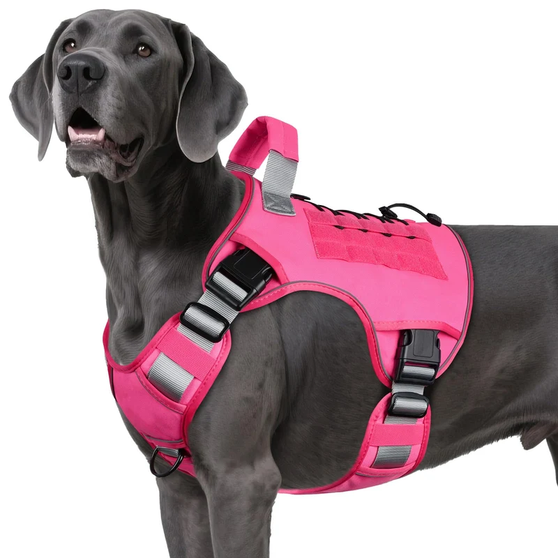 WINGOIN Harnais Tactique Chien XXL Rose – Sans Traction, Poignée et Bandes Réfléchissantes
