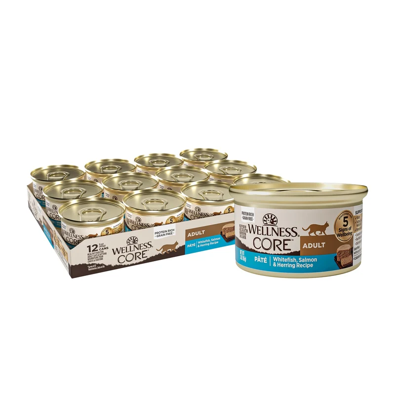 Wellness CORE Pâté pour Chats Adultes – Poisson Blanc, Saumon et Hareng, Sans Céréales, Riche en Protéines, 3 oz, Lot de 12