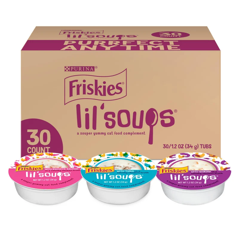 Friskies Purina Lil' Soups Sans Céréales – Assortiment de friandises humides pour chat (Saumon, Thon ou Crevette) – Pack de 30 coupes 1,2 oz
