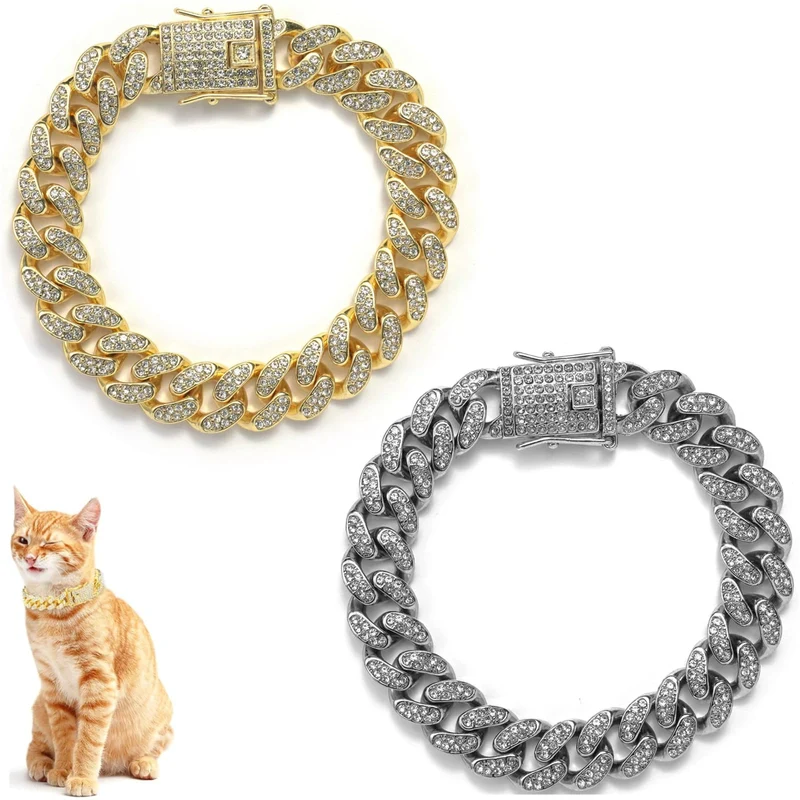 DKJEkdje – Lot de 2 colliers cubains avec strass pour chats et chiens, 10 pouces, or et argent