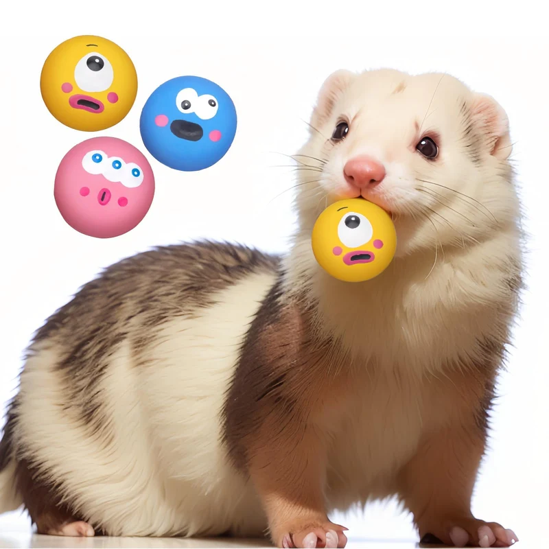 BESNEW Boules Siffleuses en Latex Naturel – Pack de 3 pour Furet et Petit Chien, Yeux Grands Imprimés, Faciles à Nettoyer
