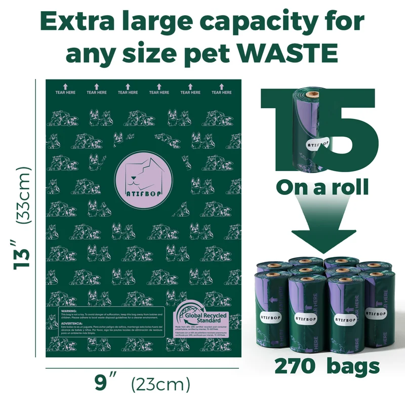 ATIFBOP Sacs à déjections pour chiens et chats – Épais, Étanches, Parfumés, 270 sacs / 18 recharges, 65% recyclés