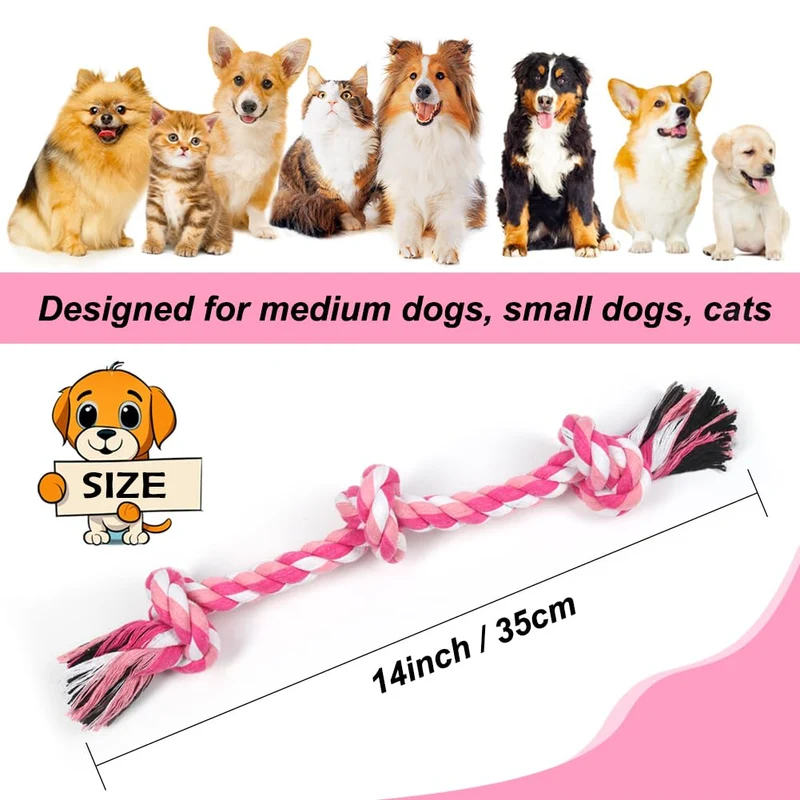 SZEE Jouet Corde pour Chien – 14 po, 3 Noeuds, Coton Naturel, Rose