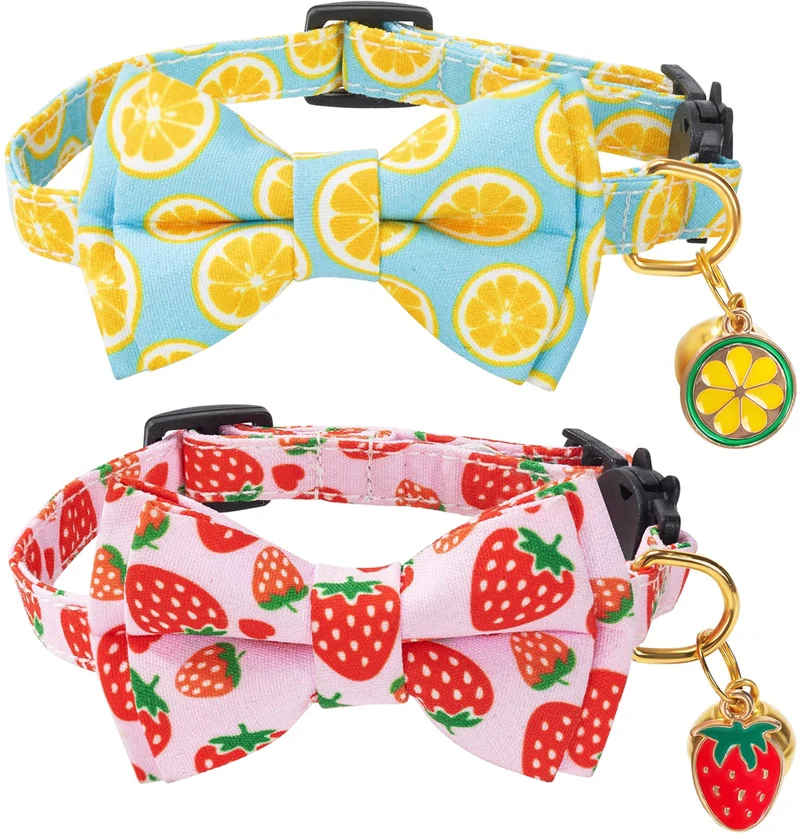 Collier Chat PREHAI à fermeture sécurisée avec noeud et clochette – Lot 2 Citrons Fraises